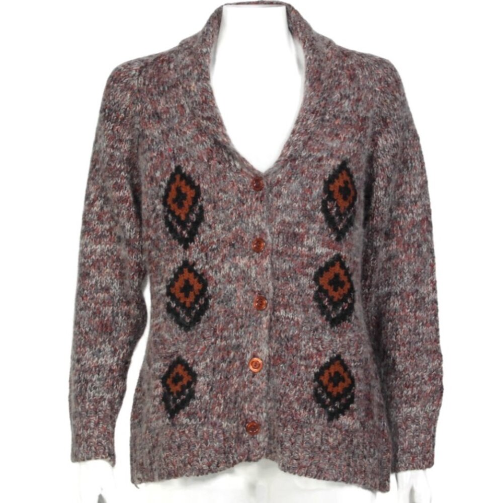 Vintage GIGI's Lambswool Brown Mauve Aztec Cardigan Sweater Womens sz L /979
